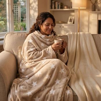 Preview: Blanket with sleeves and foot pocket, beige with stars – cosy blanket with button fastening, coral fleece sleeved blanket for women & men, washable at 30 °C