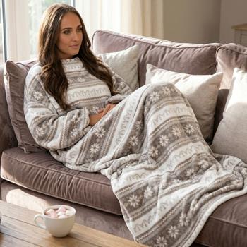 Blanket with sleeves, Norwegian pattern, white‑beige – cosy blanket with button fastening, sleeved coral fleece blanket for women & men, washable at 30 °C