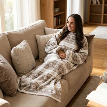 Preview: Blanket with sleeves, Norwegian pattern, white‑beige – cosy blanket with button fastening, sleeved coral fleece blanket for women & men, washable at 30 °C