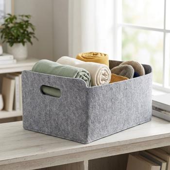 Panier de rangement en feutrine gris – assistant pratique pour l’ordre avec poignées robustes – boîte de rangement polyvalente pour étagères et armoires – 25x31x15 cm
