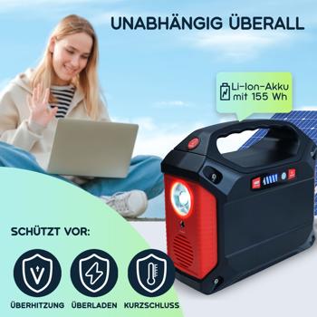 Preview: Tragbare Powerstation & Solar-Generator, 155 Wh, 180 Watt, Akku mit 230V & 12V, Leuchte, USB, Reise, Camping, Notstrom