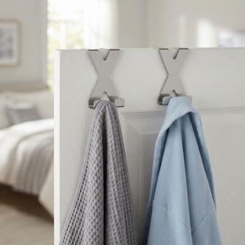 Preview: Crochet de porte double en X en inox – lot de 2 crochets de porte sans perçage, 5 x 6,5 cm chacun, crochets porte-manteaux robustes pour salle de bain, chambre et portes d’armoire