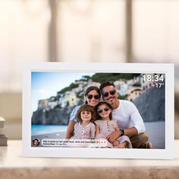 Cornice digitale interattiva con WLAN, bianca – Grande cornice foto Full HD 15,6“ come idea regalo smart per nonna, nonno e famiglia