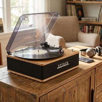 Elegante giradischi retrò con Bluetooth, potenti altoparlanti integrati e testina robusta per un suono vinile perfetto