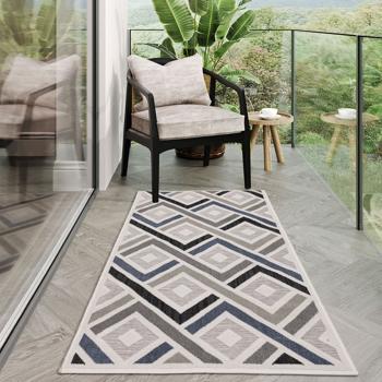 Robuster Outdoorteppich 80x150cm, Grau-Marineblau - Wetterfester Rauten Teppich für Balkon, Terrasse & Indoor, pflegeleicht