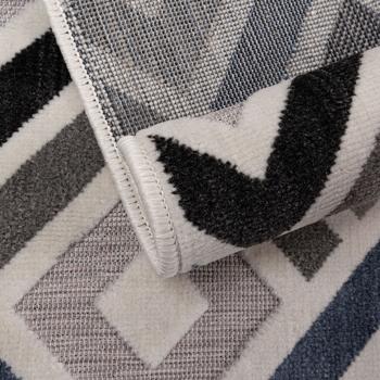 Preview: Robuster Outdoorteppich 80x150cm, Grau-Marineblau - Wetterfester Rauten Teppich für Balkon, Terrasse & Indoor, pflegeleicht