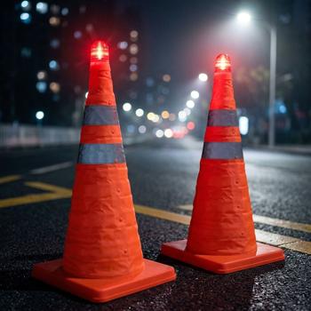 Set da 2 coni stradali pieghevoli da 50 cm con lampada di sicurezza e bande riflettenti – Cono di segnalazione compatto per auto ed emergenze