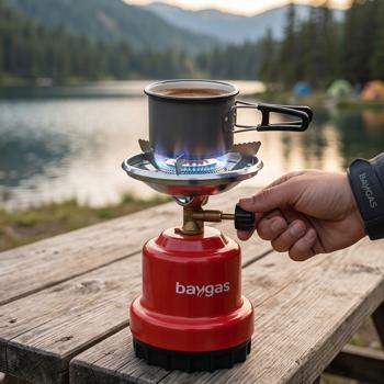 Preview: Fornello a gas compatto per campeggio & outdoor, rosso – robusto corpo in metallo, fiamma regolabile in continuo, per cartucce gas da 190 g, potenza max. 0,8 kW