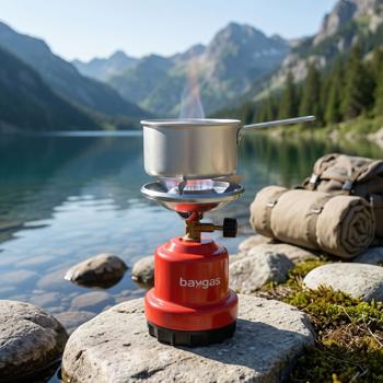 Fornello a gas compatto per campeggio & outdoor, rosso – robusto corpo in metallo, fiamma regolabile in continuo, per cartucce gas da 190 g, potenza max. 0,8 kW