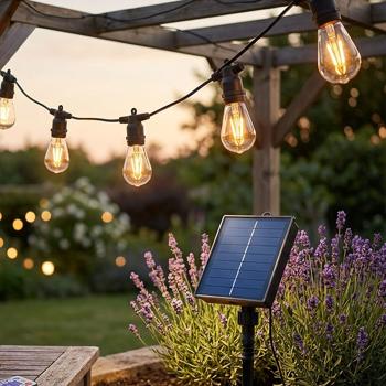 Solar LED string lights warm white 8 m: 10 bulbs, IP44 weatherproof – with remote control, perfect for garden, balcony, terrace and party décor