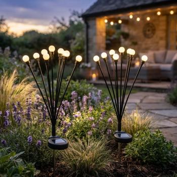 Set of 2 solar firefly garden lights: 8 movable light spheres with 2 modes, ground spike for atmospheric garden lighting, 65 cm height, weather‑resistant