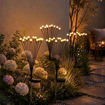 Set of 4 solar firefly garden lights: 12 flexible light orbs with 2 modes, ground spike for atmospheric garden lighting, 65 cm high, weather‑resistant