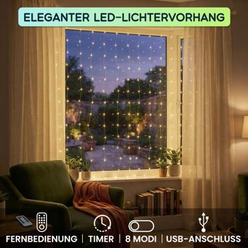 Preview: 2er-Set Eleganter LED-Lichtervorhang 3x3m, je 300 warmweisse LEDs: Fernbedienung, 8 Modi, Dimmbar, Timer & USB, für Party, Hochzeit & Wohndeko