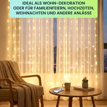 Preview: 2er-Set Eleganter LED-Lichtervorhang 3x3m, je 300 warmweisse LEDs: Fernbedienung, 8 Modi, Dimmbar, Timer & USB, für Party, Hochzeit & Wohndeko
