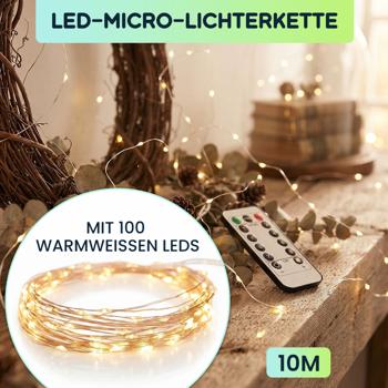 Preview: 2er-Set LED-Micro-Lichterkette je 10m mit 100 warmweissen LEDs: Batteriebetrieben, inkl. Fernbedienung, 8 Leuchtmodi & Timer für gemütliche Dekoration