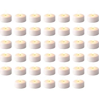 Preview: 40 bougies chauffe-plat LED blanc chaud avec effet vacillant en boîte – Bougies chauffe-plat électriques avec pile pour décoration, mariage, anniversaire & fête, blanc