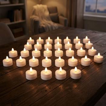 40 bougies chauffe-plat LED blanc chaud avec effet vacillant en boîte – Bougies chauffe-plat électriques avec pile pour décoration, mariage, anniversaire & fête, blanc