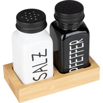Preview: Set spezie e menage 4 pezzi – caraffa per olio e aceto & saliera e pepiera con supporto in bambù, moderno design bianco‑nero per cucina e tavolo da pranzo
