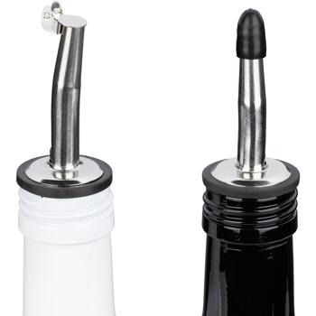 Preview: Cruet set 2-piece, oil and vinegar – elegant glass bottles with approx. 500 ml each, pourers with caps, modern black-and-white design for kitchen & table