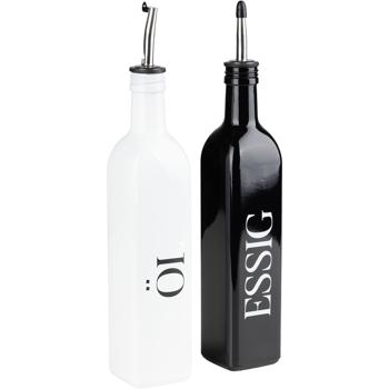 Preview: Cruet set 2-piece, oil and vinegar – elegant glass bottles with approx. 500 ml each, pourers with caps, modern black-and-white design for kitchen & table