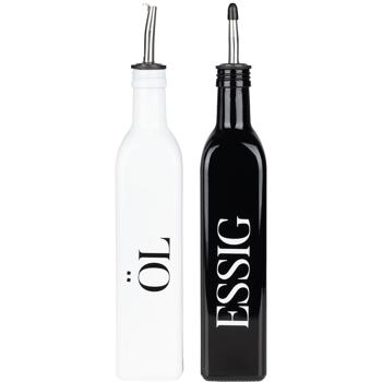 Preview: Cruet set 2-piece, oil and vinegar – elegant glass bottles with approx. 500 ml each, pourers with caps, modern black-and-white design for kitchen & table