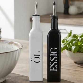 Cruet set 2-piece, oil and vinegar – elegant glass bottles with approx. 500 ml each, pourers with caps, modern black-and-white design for kitchen & table