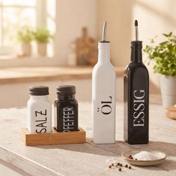 Set spezie e menage 4 pezzi – caraffa per olio e aceto & saliera e pepiera con supporto in bambù, moderno design bianco‑nero per cucina e tavolo da pranzo