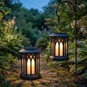 Preview: Lot de 2 lanternes solaires LED avec corps rétro pour jardin et balcon, avec bougie LED blanche et effet flamme, 12 LED SMD blanc chaud, à poser ou à suspendre