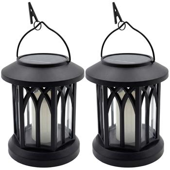 Preview: Lot de 2 lanternes solaires LED avec corps rétro pour jardin et balcon, avec bougie LED blanche et effet flamme, 12 LED SMD blanc chaud, à poser ou à suspendre