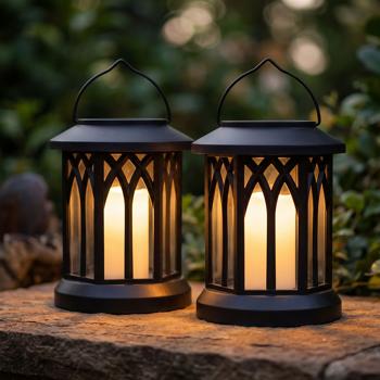 Lot de 2 lanternes solaires LED avec corps rétro pour jardin et balcon, avec bougie LED blanche et effet flamme, 12 LED SMD blanc chaud, à poser ou à suspendre