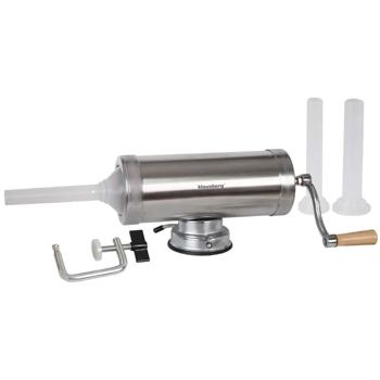 Preview: Manual sausage maker 2.5 kg stainless steel with 3 filling tubes Ø15, 19, 22 mm – sausage stuffer with hand crank, suction cup & clamp mount