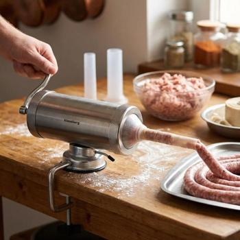 Preview: Manual sausage maker 2.5 kg stainless steel with 3 filling tubes Ø15, 19, 22 mm – sausage stuffer with hand crank, suction cup & clamp mount