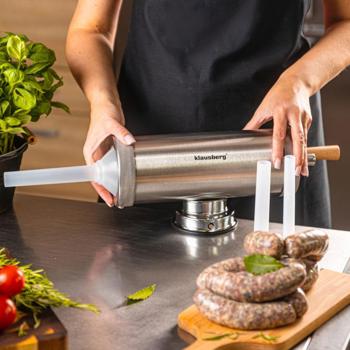 Preview: Insaccatrice manuale 2,5 kg in acciaio inox con 3 beccucci Ø15, 19, 22 mm – insaccatrice per salsicce con manovella, ventosa e morsetto da banco