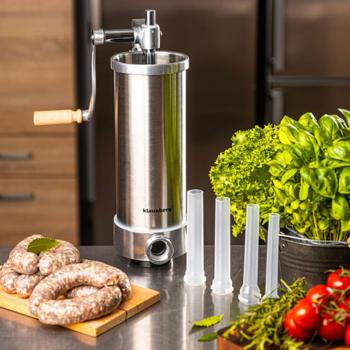 Preview: Poussoir à saucisses manuel 3 kg en inox avec 4 douilles Ø15, 19, 22, 25 mm – machine de remplissage pour saucisses avec manivelle, ventouse et serre‑joint