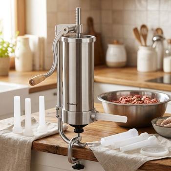 Preview: Manual sausage maker 3 kg stainless steel with 4 filling tubes Ø15, 19, 22, 25 mm – sausage filling machine with hand crank, suction base & clamp mounting