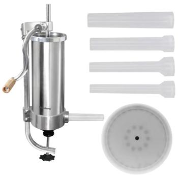 Preview: Manual sausage maker 3 kg stainless steel with 4 filling tubes Ø15, 19, 22, 25 mm – sausage filling machine with hand crank, suction base & clamp mounting