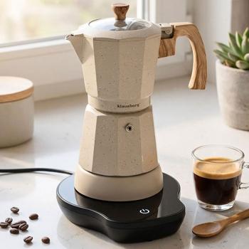 Elektrische Espresso-Kaffeemaschine & Espressokocher im Mokka Stil beige: 500 W, 300 ml für 6 Tassen, edler Kaffeebereiter für Zuhause