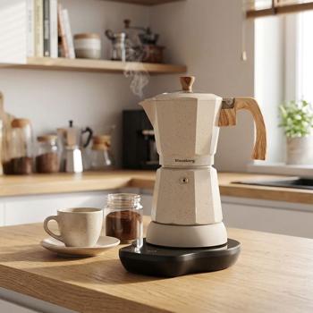 Preview: Elektrische Espresso-Kaffeemaschine & Espressokocher im Mokka Stil beige: 500 W, 300 ml für 6 Tassen, edler Kaffeebereiter für Zuhause
