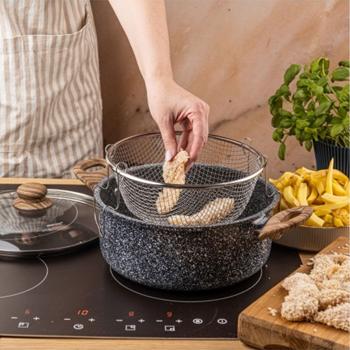 Preview: Versatile 24 cm 4L roasting pot with basket & glass lid for all hob types, ideal as deep fryer & cooking pot, frying pot, non-stick in black marble