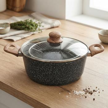 Versatile 24 cm 4L roasting pot with basket & glass lid for all hob types, ideal as deep fryer & cooking pot, frying pot, non-stick in black marble