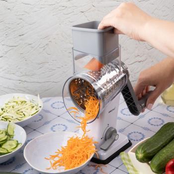 Preview: 3-in-1 rotary grater with 3 interchangeable stainless-steel drums: for fruit, vegetables, cheese, chocolate & nuts – practical slicer for raw food