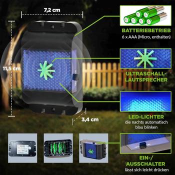 Preview: 2er-Set Effektiver Ultraschall Wildtiervertreiber: Marderabwehr & Nagervertreiber mit LED Blinklicht für Garten, Balkon, Feld, Fahrzeug & Haus