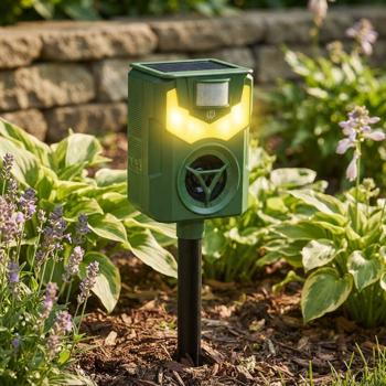 Effective solar & USB animal repeller with ultrasound & flame light – reliable protection for garden, yard & field against wild animals, cats & dogs