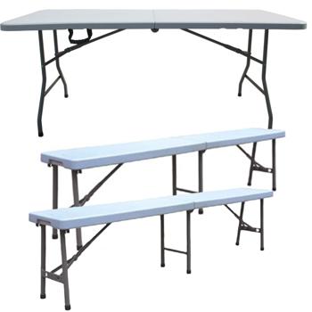 Stable camping seating set with 180 cm folding table and 2 matching suitcase benches, weatherproof, foldable