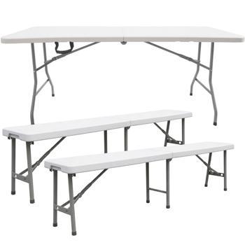 Ensemble de sièges de camping stable avec table pliante de 180 cm et 2 bancs valise assortis, résistant aux intempéries, pliable
