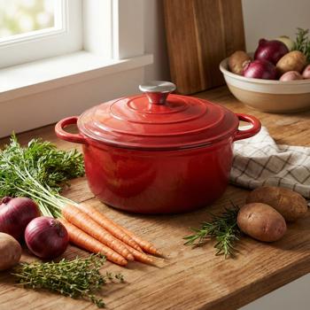 Preview: Premium cast iron pot set, 2-piece, in red – enamelled casserole set with lid (22 cm & 28 cm) – ideal for induction, oven & all hob types – robust & elegant