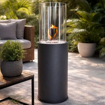 Elegant floor-standing bio ethanol fireplace with glass cylinder, incl. flame snuffer – black steel freestanding fireplace for indoor & outdoor use