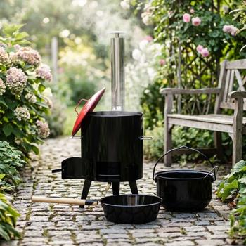 Preview: Cannone per gulasch con paiolo smaltato Ø 35 cm e padella per castagne cucina per zuppe per gulasch nel paiolo vin brulé festa outdoor giardino fornello