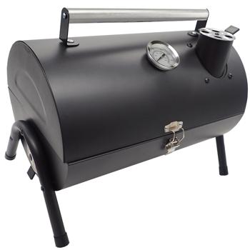 Preview: Grill a fusto compatto nero 28,5 x 41 x 18 cm – grill a carbone compatto in metallo con manico di trasporto in acciaio inox, termometro, uscita del fumo