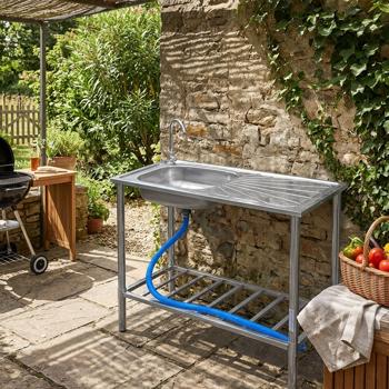 Stainless steel sink unit for outdoor kitchen – DIN 430 stainless steel 18/10 utility sink with tap, height‑adjustable legs and hose connection